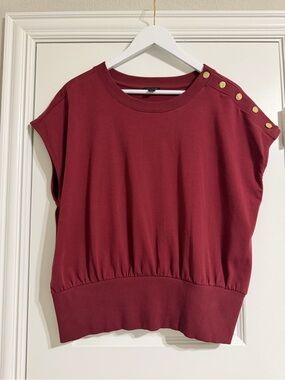 Ann Taylor Burgundy Short-Sleeve Elevated Sweatshirt with Gold Buttons